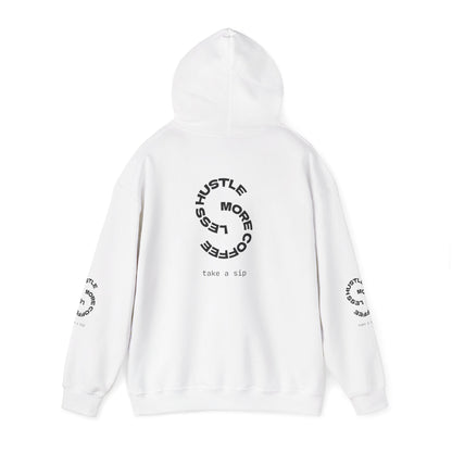 Hoodie — "Hustle More, Coffee Less" Minimal Circle Graphic Hooded Sweatshirt
