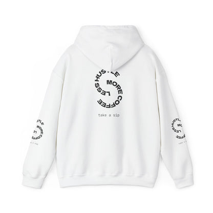 Hoodie — "Hustle More, Coffee Less" Minimal Circle Graphic Hooded Sweatshirt