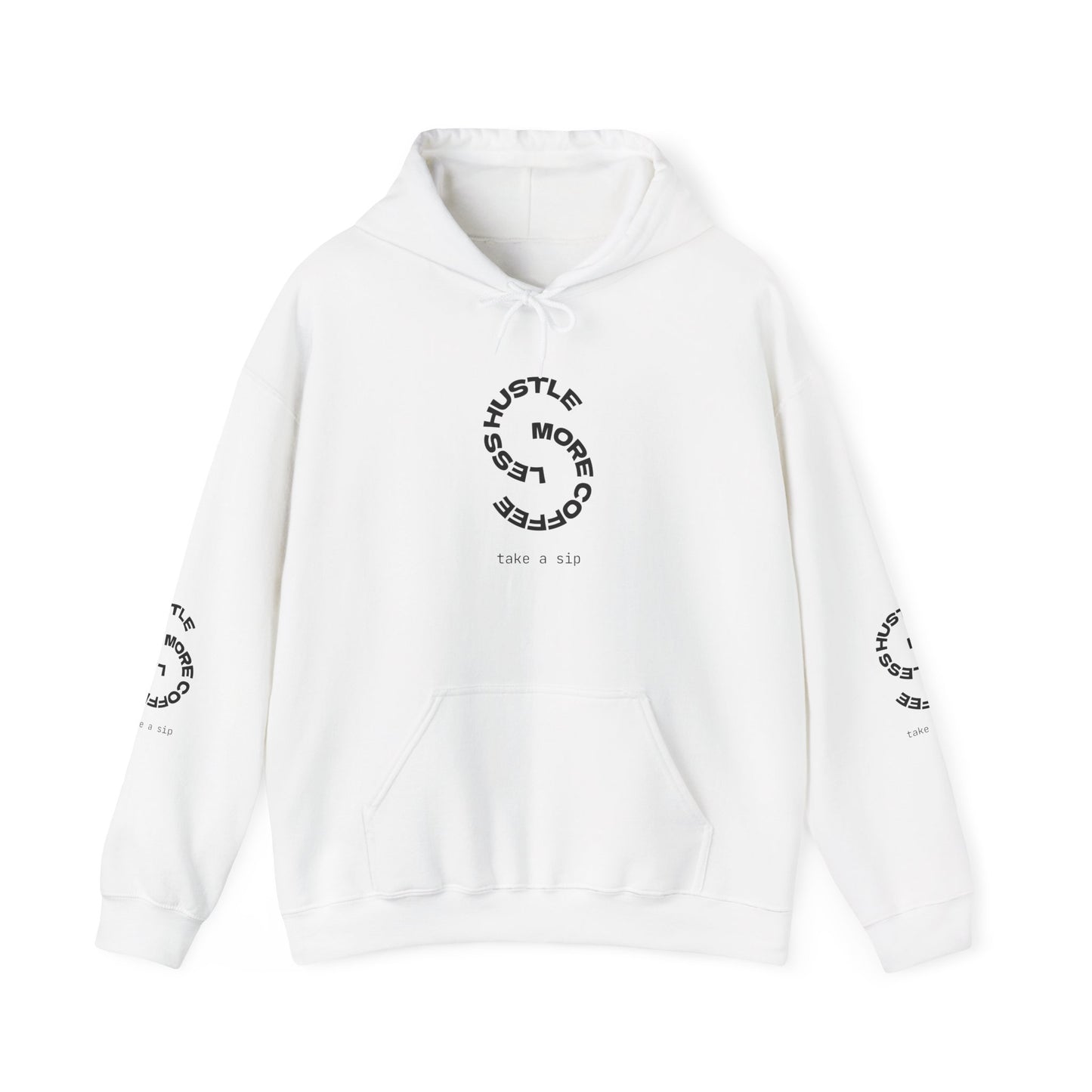 Hoodie — "Hustle More, Coffee Less" Minimal Circle Graphic Hooded Sweatshirt
