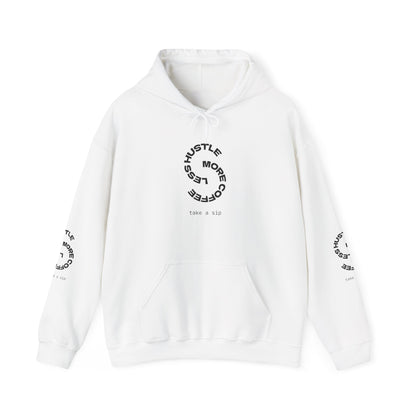 Hoodie — "Hustle More, Coffee Less" Minimal Circle Graphic Hooded Sweatshirt