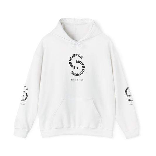 Hoodie — "Hustle More, Coffee Less" Minimal Circle Graphic Hooded Sweatshirt